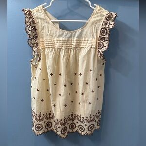 E&M Blouse Cream Brown floral embroidery summer top NEW Boho Pheasant Style